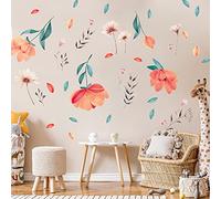 WALPLUS 37 Pieces Boho Peach Flowers Wall Stickers Mural Art Vinyl Nursery Decorations for Living Room Kids Bedroom Decors Home Removable DIY Wall Decals Hotels Cafe Office Decors