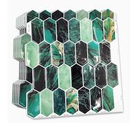 WALPLUS 3D Green Stick on Tiles Self Adhesive Tile Stickers for Kitchen 30.5 x 30.5 cm(12") Stick on Bathroom Tiles Removable Backsplash for Kitchen Hexagon Honeycomb 3D Wall Tile Glossy 6-Sheets