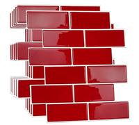 WALPLUS 3D Tile Stickers Peel and Stick Backsplash Splashback Decals Tile Transfer for Kitchen Bathroom Living Room Stick on Tile Waterproof Cherry Red Retro 24 Sheets 30.5cm(12")