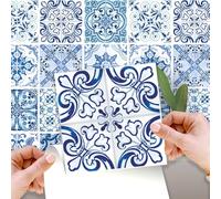 WALPLUS 48 Pcs 15cm(6") Tile Stickers Peel and Stick Backsplash Self-Adhesive Removeable Stick on Wall Vinyl Home Decoration DIY for Living - Blue Turkish Mediterranean Wall Tiles Sticker Set