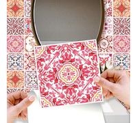 WALPLUS 48 Pcs 15cm(6") Tile Stickers Peel and Stick Backsplash Self-Adhesive Removeable Stick on Wall Vinyl Home Decoration DIY for Living Kitchen Bedroom Splashbacks - Moroccan Rose Red Mosaic