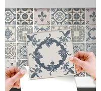 WALPLUS 48 Pcs 15cm(6") Tile Stickers Peel and Stick Backsplash Self-Adhesive Removeable Stick on Wall Vinyl Home Decoration DIY for Living Kitchen Bedroom Splashbacks - Vintage Blue Azulejo