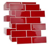 WALPLUS 6 PCS Cherry Red Retro 3D Tile Stickers 30.5 x 30.5 cm, Peel and Stick Waterproof Self Adhesive Wall Tiles for Kitchen Bathroom Splashback