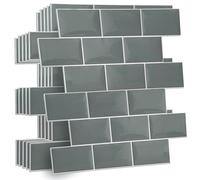 WALPLUS 60 PCS Elegant Grey Metro Subway 3D Tile Stickers 15.4 x 30.5 cm, Peel and Stick Waterproof Self Adhesive Wall Tiles for Kitchen Bathroom Splashback