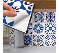WALPLUS 72 Pcs 15cm (6") Peel and Stick Tile Stickers - Self-Adhesive Vinyl Backsplash for Kitchen & Bathroom, Removable Wall Decals, Spanish & Moroccan Blue Design