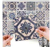 WALPLUS 96 pcs 15cm (6") Malaga Spanish Blue Tile Stickers Peel and Stick Self-Adhesive Vinyl Wall Tiles for Kitchen Bathroom Bedroom Backsplash DIY Home Décor