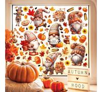 WALPLUS Autumn Gnomes with Pumpkins Window Stickers, Removable Reusable Double-Sided Glass Clings for Home, Kids Room, Classroom and Seasonal Decor