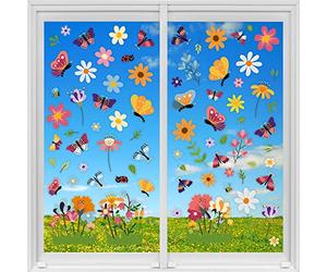 WALPLUS Butterfly Window Stickers Peel and Stick Electrostatic Flower Double Sided Spring Butterflies in Flowers Meadow Spring Window Decorations 81 PCS