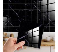 WALPLUS Marble Tile Stickers Glossy Waterproof Oil Proof Removable Stick on Wall Backsplash DIY PVC for Bathroom Kitchen Home Decor Coal Black 24 pcs 15cm(6")