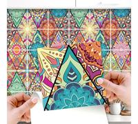 WALPLUS Colourful Floral Mandala Tile Stickers 15 x 15 cm, 24 PCS Peel and Stick Self Adhesive Wall Tiles, Waterproof Kitchen Bathroom Splashback Decals