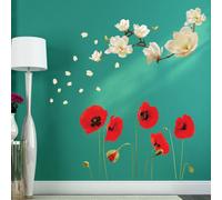 Walplus Removable Self-Adhesive Wall Stickers Small White Magnolia with Red Poppy Flowers Wall Mural Art Home Living Room Decoration Décor Restaurant Cafe Hotel Nursery Decoration