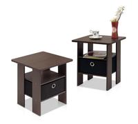Walplus Furinno Andrey End Table Nightstand With Bin Drawer, Dark Brown/black, Set Of 2