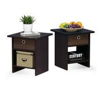 Walplus Furinno Dario End Table/ Night Stand Storage Shelf With Bin Drawer, Dark Walnut, Set Of 2
