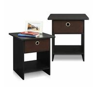 Walplus Furinno Dario End Table/ Night Stand Storage Shelf With Bin Drawer, Espresso/brown, Set Of 2