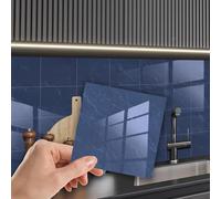 WALPLUS Glossy Blue Tile Stickers Self Adhesive Wall 15x15cm(6") Stick on Tiles Kitchen Removable Self Adhesive for Walls Terrazzo Effect Steel Blue Kitchen Tile Stickers 24 Pieces