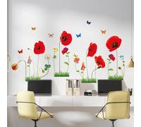 WALPLUS Happy Garden Red Poppies Wall Stickers - Kids Room Decor, Nursery Wall Art, Peel and Stick Floral Decals for Girls Bedroom, Playroom, Classroom (175x110cm)