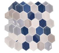 WALPLUS Honey Hexa Blue and Cream 12 Sheets Glossy 3D Hexagonal Tile Stickers 30x15cm Wall Splashbacks Vinyl Stick on Tiles Backsplash Peel and Stick Bathroom Kitchen Decor Tile Paint