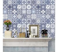 Walplus Wall Stickers Removable Self-Adhesive Mural Art Decals Vinyl Home Decoration DIY Living Bedroom Kitchen Décor Wallpaper Gift Lisbon Blue Tiles Wall Stickers - 20 cm x 20 cm - 12 pcs