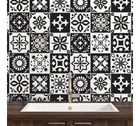WALPLUS Marjorelle Black and White Moroccan Tile Stickers 15 x 15 cm, 24 PCS Peel and Stick Self Adhesive Wall Tiles, Waterproof Kitchen Bathroom Splashback Decals