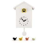 WALPLUS Minimalist Cuckoo Clock with Removable Pendulum - Modern Birdhouse Design with Soft Chimer Cuckoo Sound, Battery Operated Wall Clock for Home Décor - [White Cuckoo Clock Yellow Window]