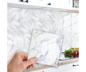 WALPLUS Modern White Marble Tile Stickers 15 x 15 cm, 24 PCS Peel and Stick Self Adhesive Wall Tiles, Waterproof Kitchen Bathroom Splashback Decals