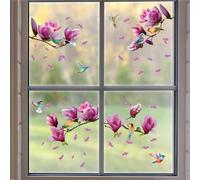 WALPLUS Pink Magnolia Flowers with Birds Window Stickers, Removable Reusable Double-Sided Glass Clings for Home, Kids Room, Classroom and Seasonal Decor