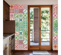 Walplus Removable Self-Adhesive Mural Art Decals Vinyl Home Decoration DIY Living Bedroom Kitchen Décor Wallpaper Moroccan Red & Green Mosaic Tile Wall Stickers 48pcs 15cm x 15cm