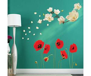 Walplus Removable Self-Adhesive Wall Stickers Small White Magnolia with Red Poppy Flowers Wall Mural Art Home Living Room Decoration Décor Restaurant Cafe Hotel Nursery Decoration