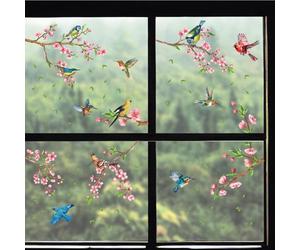 WALPLUS Spring Window Clings Home Decorations Removable Reusable Double-Sided Print Decals for Glass Living Room Cherry Blossom Flowers Watercolour with Birds On The Branch 66 Pieces