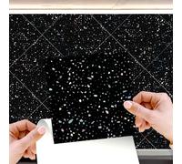 WALPLUS Terrazzo Holographic Glitter Black Tile Stickers 15 x 15 cm, 24 PCS Peel and Stick Self Adhesive Wall Tiles, Waterproof Kitchen Bathroom Splashback Decals