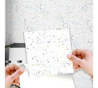WALPLUS 15cm(6")@120pcs Terrazzo Holographic Glitter White Wall Tile Sticker Tile Paint Stick on Tiles Peel and Stick Self Adhesive Wall Tiles Stickers for Kitchen Bathroom Tile Transfer Backsplash