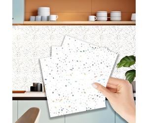 WALPLUS Terrazzo Holographic Glitter White Tile Stickers 15 x 15 cm, 120 PCS Peel and Stick Self Adhesive Wall Tiles, Waterproof Kitchen Bathroom Splashback Decals