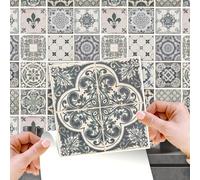 WALPLUS 48 pcs 15cm (6") Vintage Blue Tile Stickers Peel and Stick Self-Adhesive Vinyl Wall Tiles for Kitchen Bathroom Bedroom Backsplash DIY Home Décor