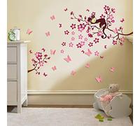 Walplus Wall Stickers Pink 3D Butterfly Flower Removable Self-Adhesive Mural Art Decals Vinyl Home Decoration DIY Living Bedroom Office Décor Wallpaper Kids Room Gift