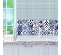 WALPLUS Wall Tile Stickers 10cm 24pcs Spanish and Moroccan Blue DIY Art Home Decor Stick on Tiles Decals Splashback Spring Easter Decoration Ideas Peel and Stick Self Adhesive Backsplash Tile Paint