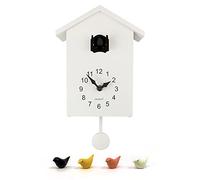 WALPLUS Minimalist Cuckoo Clock with Removable Pendulum - Modern Birdhouse Design with Soft Chimer Cuckoo Sound, Battery Operated Wall Clock for Home Décor - [White Cuckoo Clock Black Window]