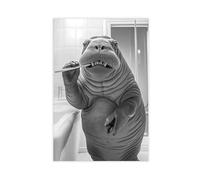 Walrus Brushing Teeth, Funny Bathroom Wall Art, Cute Laundry Room Decor, Animals in Bathroom, Retro Walrus Humor Print, Ai Art-1