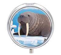 Walrus on Arctic Ice Pill Box 3-Compartment Travel Pill Organizer Portable Round Medicine Case with Mirror Design for Vitamins, Jewelry & Essentials Durable Pocket Pillbox for Purse, Camping