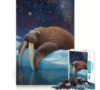 Walrus on Ice Under Starry Sky Jigsaw Puzzle 1000 Recall Fun Play Advanced Laser Cutting Tech Holiday Indoor Entertainment Toy (50x75cm)