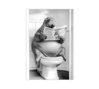 Walrus Sitting on The Toilet Reading A Newspaper, Funny Bathroom Wall Art, Retro Animals, Toilet Humor Print, Cute Walrus, Ai Art-1