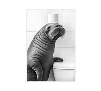 Walrus with A Toilet Paper Roll on Head, Funny Bathroom Wall Art, Laundry Room Decor, Cute Walrus, Animal Humor Print, Ai Art-1