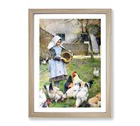 Walter Osborne Feeding The Chickens Classic Painting Framed Print | A4 Oak Framed Wall Art | Ready to Hang | Classic Animal Picture | Living Room Bedroom Lounge Office