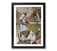 Walter Osborne Feeding The Chickens Framed Print | A2 Black Framed Wall Art | Ready to Hang | Modern Animal Picture | Living Room Bedroom Lounge Office