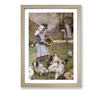 Walter Osborne Feeding The Chickens Framed Print | A2 Oak Framed Wall Art | Ready to Hang | Modern Animal Picture | Living Room Bedroom Lounge Office