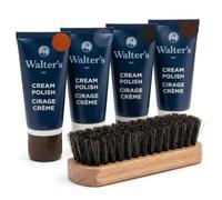 Walter's Cream Polish Bundle for Leather Shoes, Set of 4 Colours - Neutral, Black, Brown & Medium Brown with Horsehair Polishing Brush, Nourishes & Restores Shine on Smooth Leather Dress Shoes