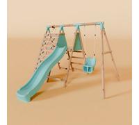 Waltons Single Wooden Baby Swing Set With Climbing Wall And Slide - Badger Brook Ii