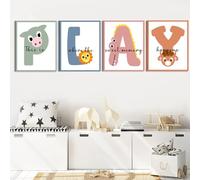 WALTSOM Kids Playroom Wall Art Playroom Wall Decor, Framed Canvas Prints Play Sign for Playroom Wall, Toddler Play Room Wall Decor Let's Play Sign (6 Set,8x10 Inch,FRAMED)
