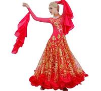 Waltz Full-Skirted Dresses Modern Dance Skirts Ballroom Dance Attire Group Ballroom Performance Competition Dresses, Rose Red, XL