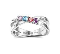 Wamantic Personalised Birthstone Ring for Women Mum Ring with 4 Birthstone 925 Sterling Silver Customised Engraved 4 Names Christmas Gifts (Size 9)