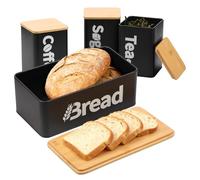 WAMEITF 4Pcs Kitchen Storage Canister Set with Bamboo Lids, Tea Sugar Coffee Bread Bin Containers, Large Capacity Bread Bin, Metal Iron Square Canisters Sets for Kitchen Counter Storage(black)